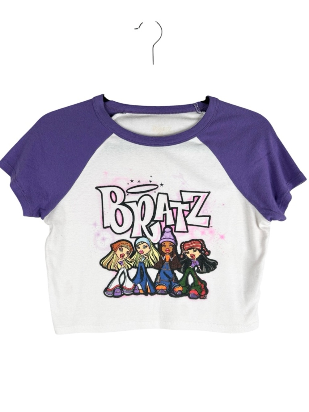 Bratz 90's Y2K‎ Raglan Purple White Crop Short Sleeve T-Shirt Size Large